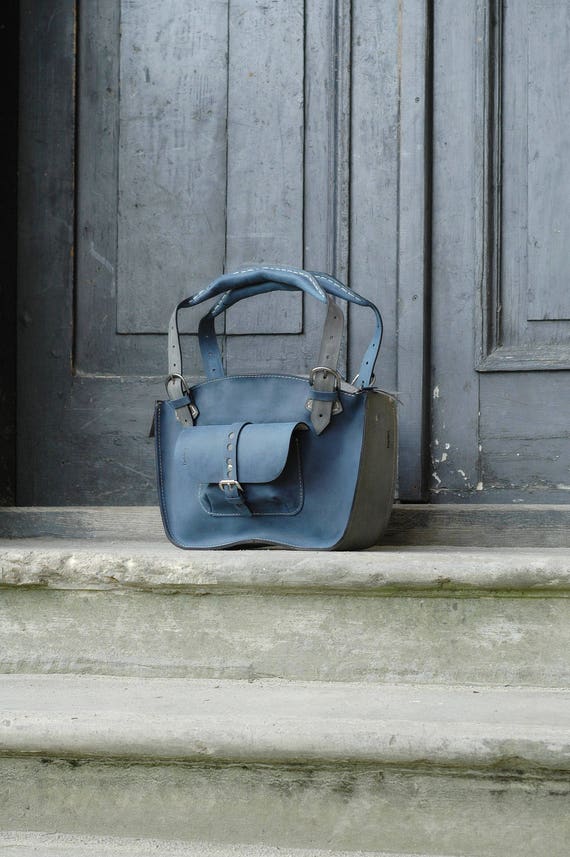 Navy Blue and Gray Leather Bespoke Handmade Leather Purse Office