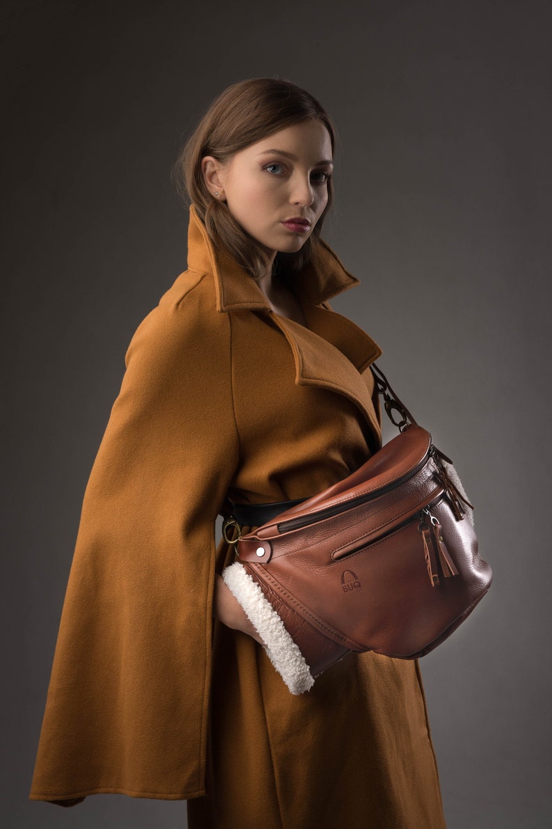 Soft Leather Fanny Pack Waist bag and handbag with Winter Warmer Unique and special handmade product made of high quality leather Ladybuq zdjęcie 2