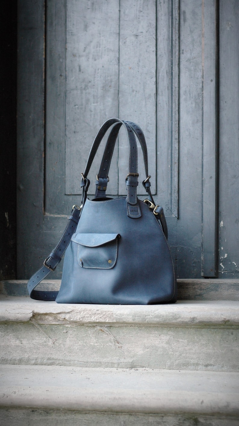 Large original navy blue natural leather bag tote bag Alicja | Etsy