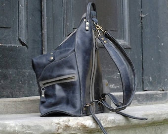 Large leather Handmade Backpack / bag shoulder bag navy blue with grey adjustable strips safe pocket on the back original backpack