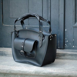 Shoulder Bag with Clutch Set handmade purse Ladybuq art studio durable leather set with clutch and long strape black  leather unique  bag