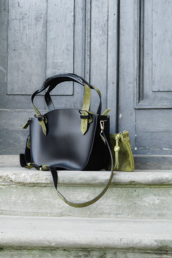 Black Office Tote Handmade Leather Handbag Clutch Set Crossbody