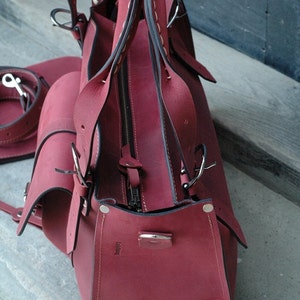 Leather Tote ladybuq handbag raspberry personalized Shoulder Bag with Clutch Set Vintage style purse handmade bag office Travel Laptop bag image 4