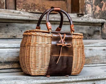 Wicker Bag, Unique Bag, Shopping Bag with flap, Picnic Basket, Wicker Basket, Full Grain Leather Willow basket, Birkin Basket Bag, Straw Bag