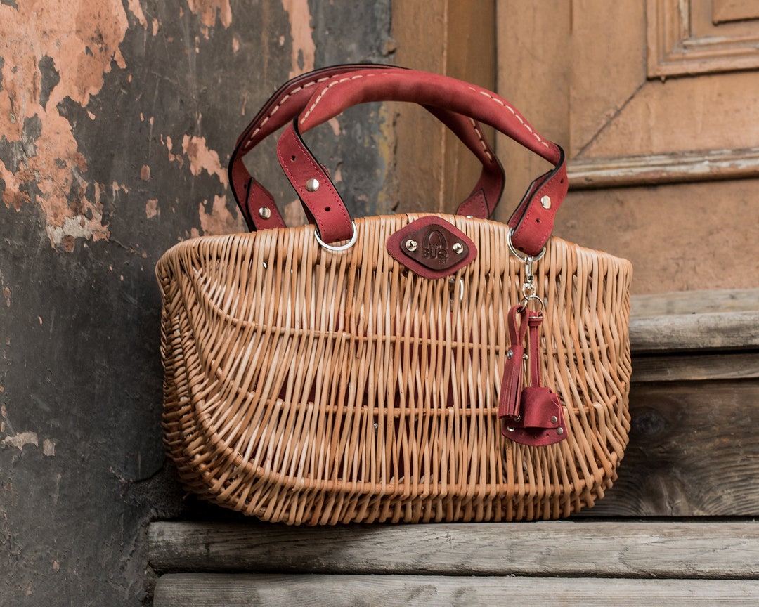 Picnic Basket Wicker Handbag Shopping Bag Natural Rattan and