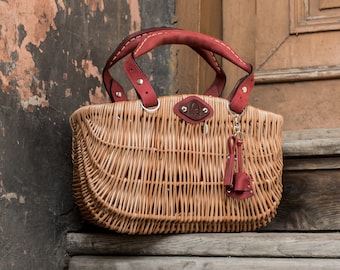 Original Wicker Handbag Shopping Bag, Picnic Basket, Natural Rattan, Full Grain Leather, Large Wicker Elegant Basket by Ladybuq Art Handmade