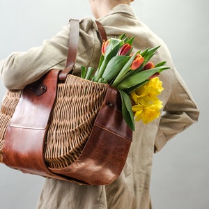 Prezent wiklinowa torba unikalna torba, torba na zakupy, kosz piknikowy, kosz wiklinowy, koszyk wiklinowy ze skóry licowej, torba Birkin Basket,