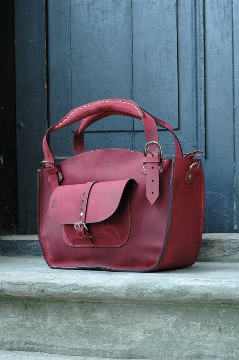 Leather Tote ladybuq handbag raspberry personalized Shoulder Bag with Clutch Set Vintage style purse handmade bag office Travel Laptop bag image 2