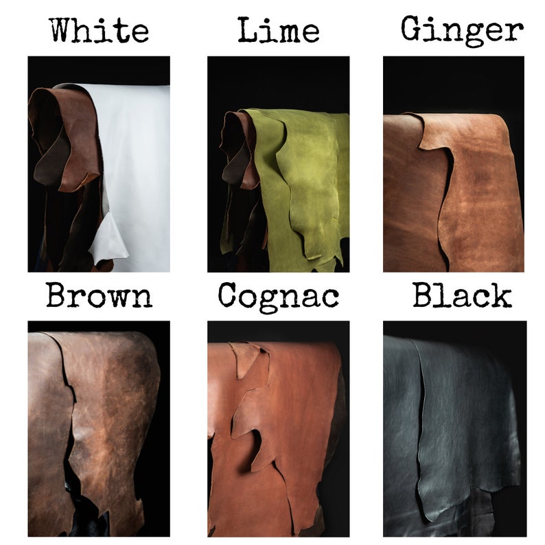 May include: Leather samples in various colors, including white, lime, ginger, brown, cognac, and black. The leather is folded and arranged on a black background.