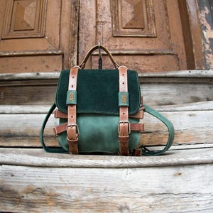 Handmade Green Leather Backpack: Personalized Suede Shoulder Bag