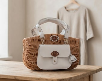 Large Wicker Shopping Bag, Natural Rattan, Full Grain Leather Sachet, Picnic Basket