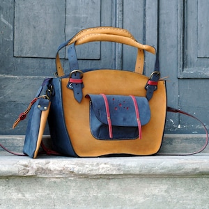Leather Shoulder Camel Bag with Clutch Set handmade bag ladybuq Tote women's tote bag laptop bag office bag crossbody leather bag unique bag