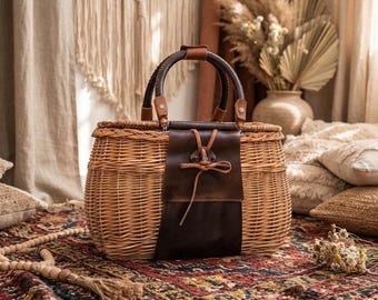 Bolsa de picnic de mimbre: Cesta de picnic grande, cesta de la compra, regalo rústico, mimbre natural