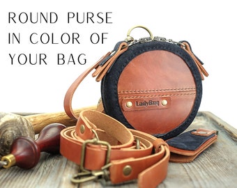 Small round leather purse in the color of your handbag, handmade by Ladybuq Art