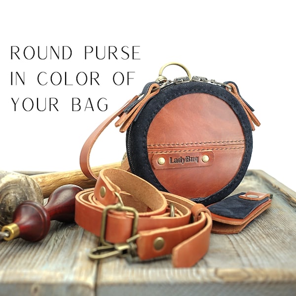 Small round leather purse in the color of your handbag, handmade by Ladybuq Art