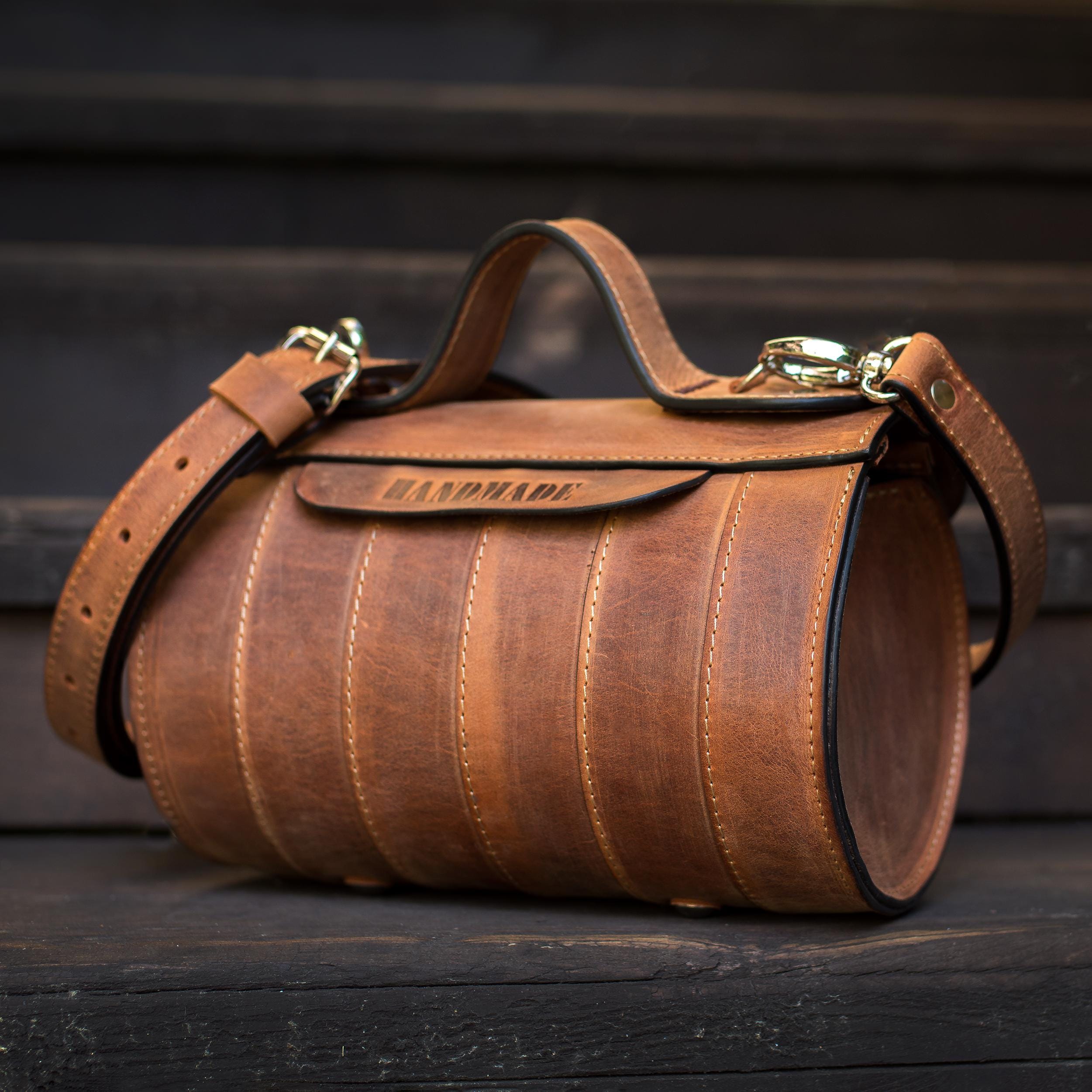 Personalized Leather Cylinder Bag: Handmade Ginger Leather