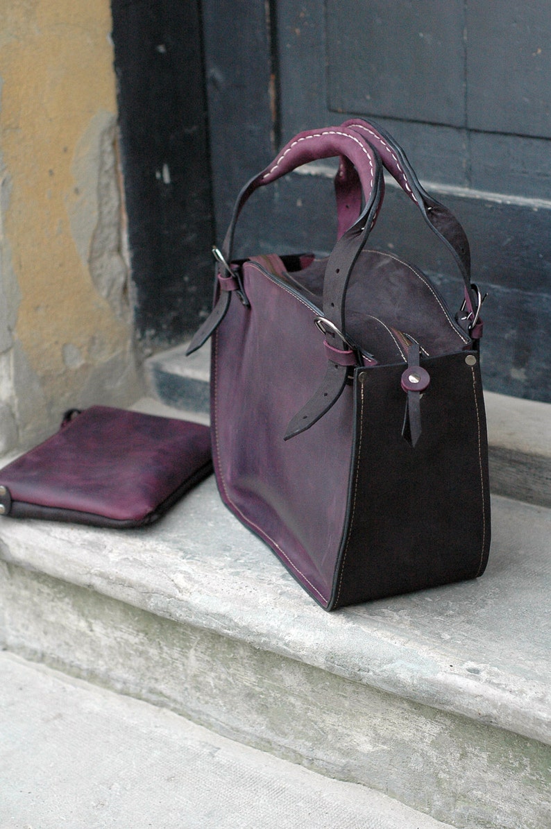 Leather Women's Tote with Clutch ladybuq office bag black and plum gift leather vintage style shoulder unique handbag personalizable gift zdjęcie 2