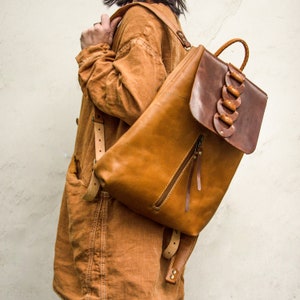 Camel designer natural the best quality leather backpack woman bag work bag fashion backpack gift for her ladybuq art leather rucksack image 1
