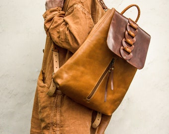 Camel designer naturale, zaino in pelle della migliore qualità, borsa da lavoro, borsa da lavoro, zaino alla moda, regalo per il suo zaino in pelle Ladybuq Art