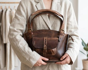 Luxury Women’s Genuine Leather Handbag with Pouch – Handmade Brown Leather Bag