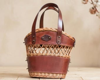Sac panier en osier tressé : sac à provisions en cuir pleine fleur
