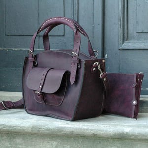 Leather Shoulder Bag with Clutch Set handmade bag Ladybuq plum color leather Tote Bag original purse hand stitching purse set with pocket
