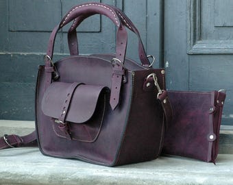 Leather Shoulder Bag with Clutch Set handmade bag Ladybuq plum color leather Tote Bag original purse hand stitching purse set with pocket