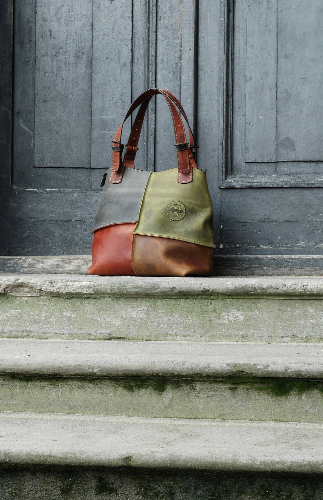 Oversized Lined Leather Shoulder Bag Removable and Washable