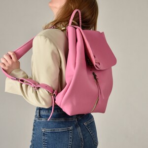Pink designer quality leather backpack woman bag work handbag fashion backpack gift for her ladybuq art original women's leather rucksack zdjęcie 4
