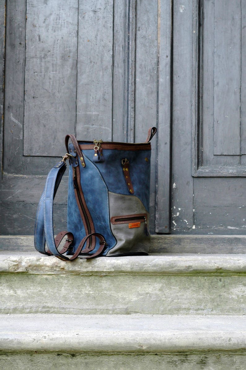 Convertible leather Backpack handmade roomy weekender bag backpack / shoulder bag Navy Blue, Gray, Brown accents handbade by ladybuq studio image 4