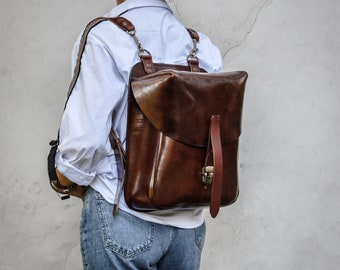 Bruine gepersonaliseerde rugzak Plantaardig leren handtas Bruine unisex tas Vintage leren handtas Handgemaakte rugzak van hoge kwaliteit