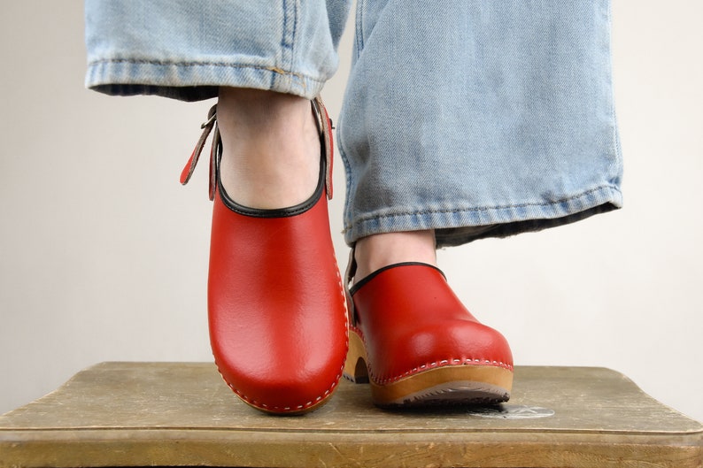 New Swedish Clogs Classic Red Moccasins Orginal Leather Shoes Platform Shoes Women shoes sandal wood clog image 1