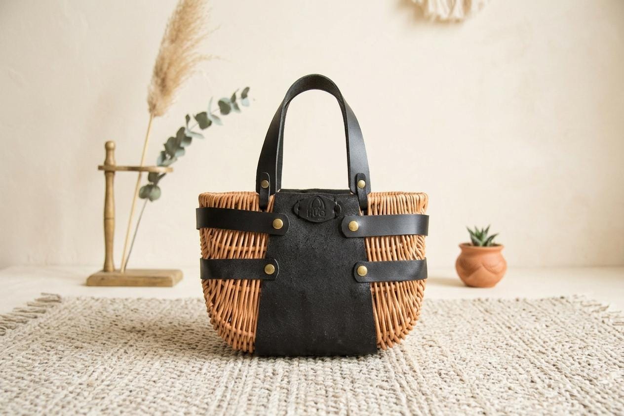 Panier exclusif en osier naturel et cuir véritable — Beyit