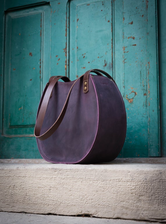 Women Full Grain Leather Round Shape Top Handle Tote Shoulder 