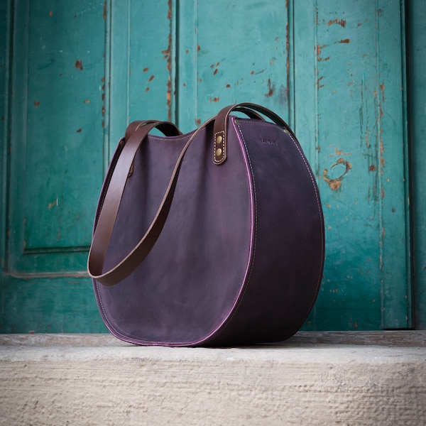 Handmade Full Grain Leather Tote Bag: Plum or Navy Blue