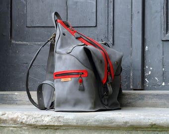 leather handmade backpack / bag shoulder bag ladybuq Gray/ Red orginal handmade leather backpack laptop backpack travel backpack ladybuq art