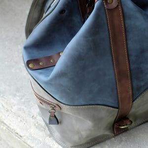 Convertible leather Backpack handmade roomy weekender bag backpack / shoulder bag Navy Blue, Gray, Brown accents handbade by ladybuq studio image 7