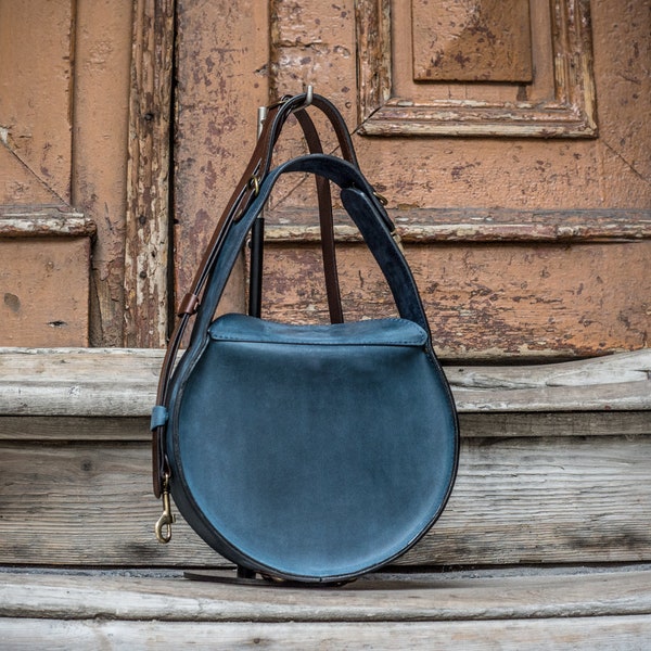Round Leather Crossbody Bag: Handmade Full Grain Shoulder Purse