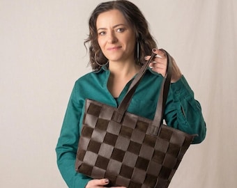 Brown Leather and Suede Tote Bag, Checkerboard Patchwork Shoulder Bag, Large A4 Bag, Zippered Interior Pocket