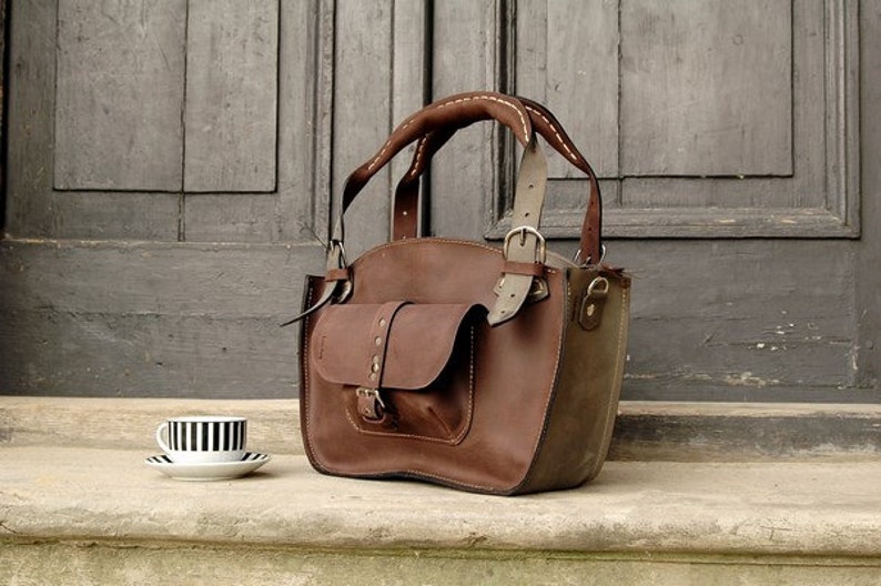 Handmade Leather Bag Laptop Handbag leather zippered purse tote Original women's shoulder zippered purse with clutch travel bag Ladybuq image 3