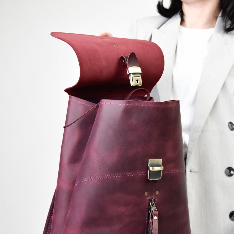 Purple designer quality leather backpack woman bag work handbag fashion backpack gift for her ladybuq art original women's leather rucksack zdjęcie 6