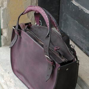 Leather Women's Tote with Clutch ladybuq office bag black and plum gift leather vintage style shoulder unique handbag personalizable gift zdjęcie 3