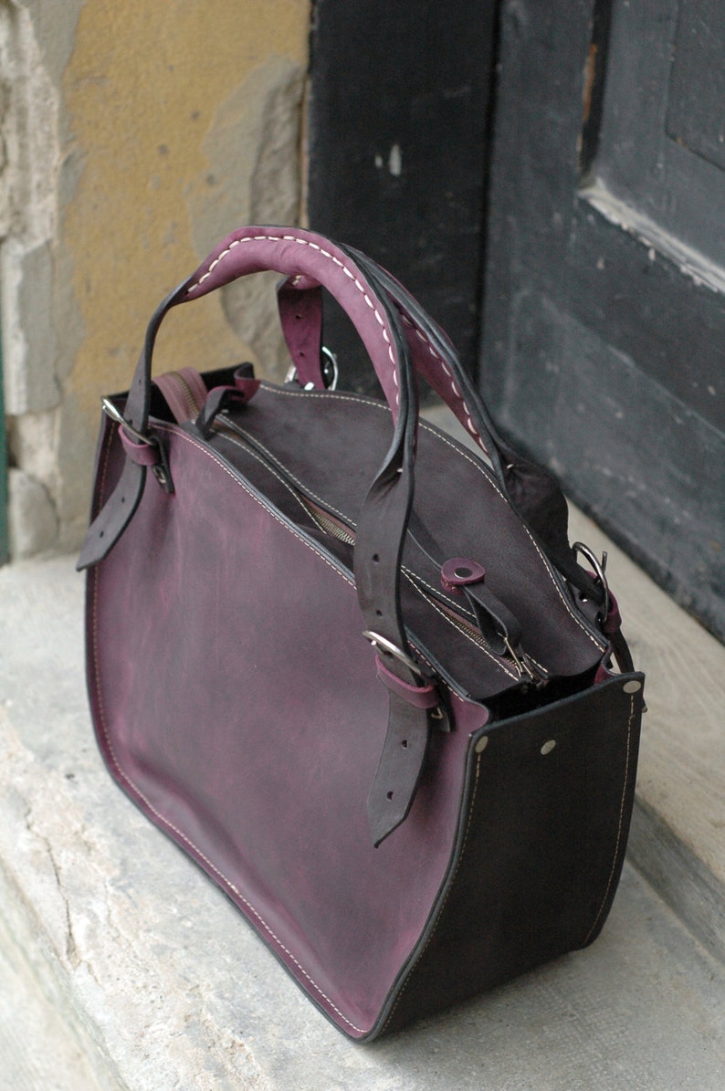 Leather Women's Tote with Clutch ladybuq office bag black and plum gift leather vintage style shoulder unique handbag personalizable gift zdjęcie 3