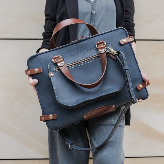 Blue Leather Messenger office briefcase