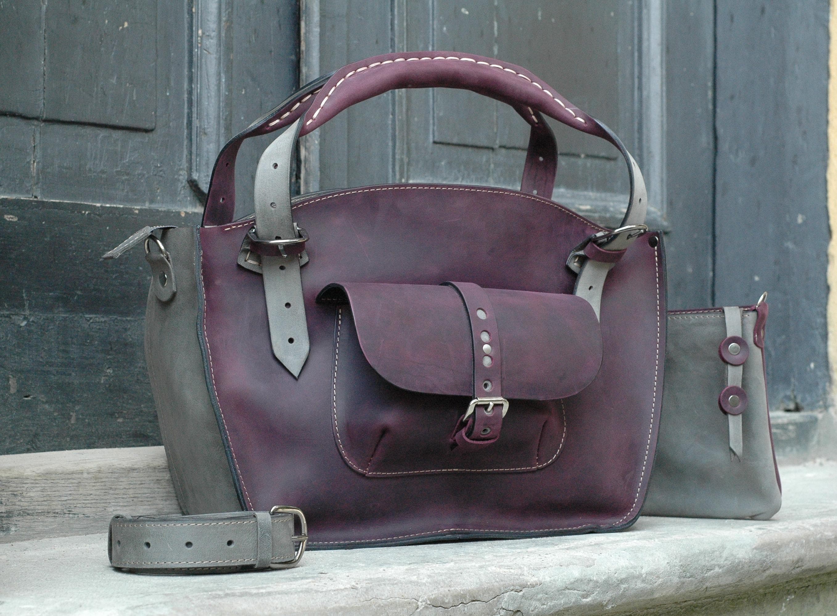 Leather Shoulder Bag with Clutch Set handmade bag Ladybuq plum and grey color bag made by LadybuQ Art studio big large Tote matte leathers