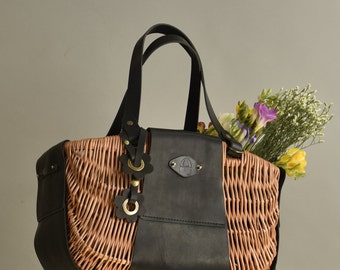 Wicker Bag, Unique Bag, Shopping Bag, Picnic Basket, Wicker Basket, Full Grain Leather Willow basket, Birkin Basket Bag, Straw Bag