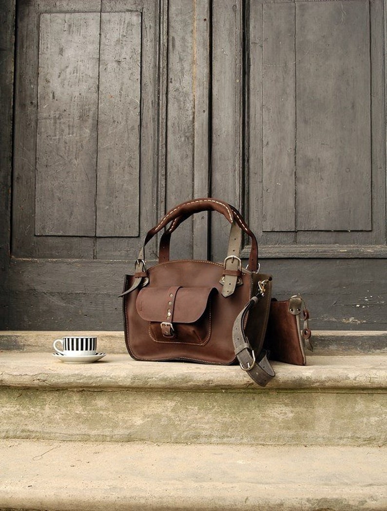 Handmade Leather Bag Laptop Handbag leather zippered purse tote Original women's shoulder zippered purse with clutch travel bag Ladybuq Dark Brown, Grey