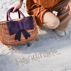 Wicker Bag with big leather bow, Unique Bag, Shopping Bag, Picnic Basket, Wicker Basket, Full Grain Leather Willow basket, Birkin Basket Bag image 7