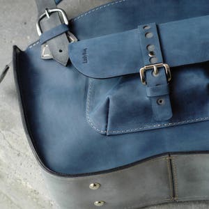 Navy Blue and gray leather bespoke handmade leather purse office bag unique real leather woman purse handstitched leather bag image 5