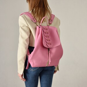Pink designer quality leather backpack woman bag work handbag fashion backpack gift for her ladybuq art original women's leather rucksack zdjęcie 3